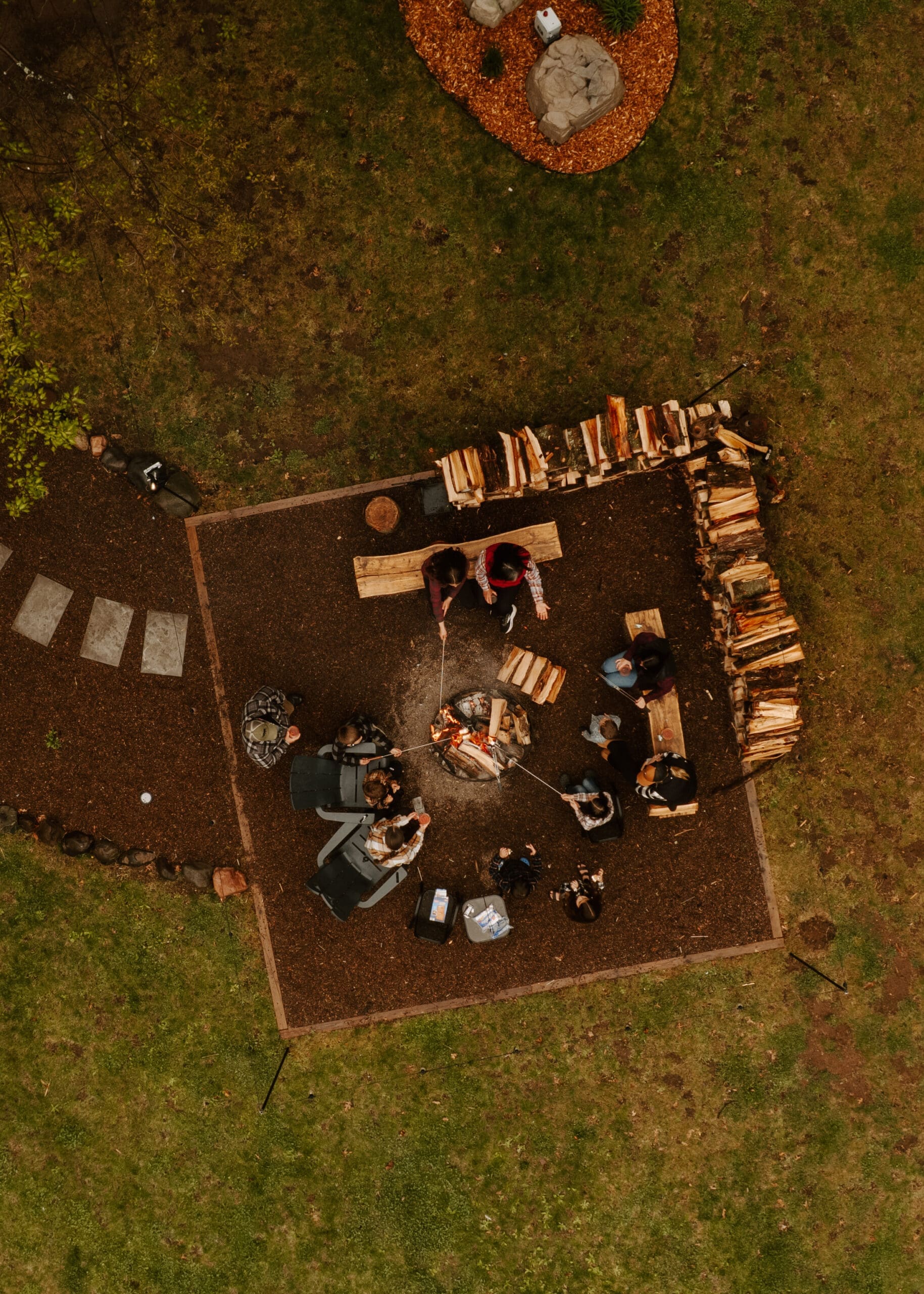 Drone perspective of Camp Digs showcasing a family-friendly cabin getaway in Wisconsin’s Northwoods