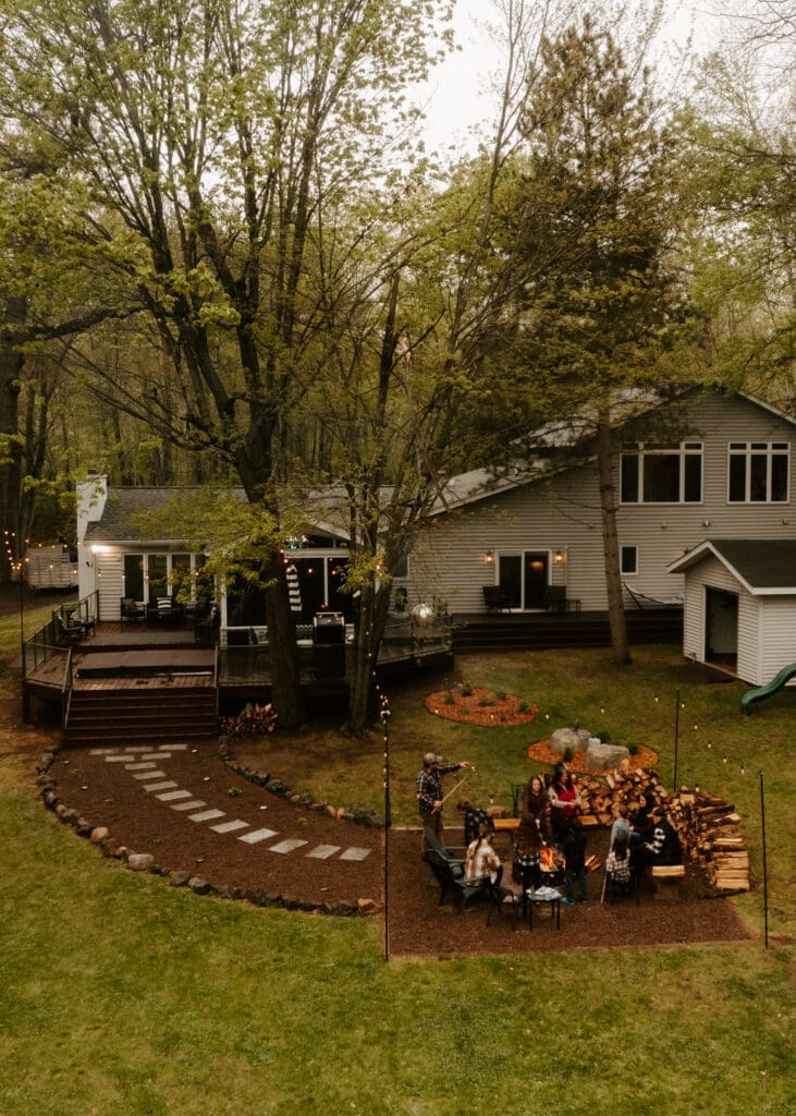 Aerial drone view of Camp Digs surrounded by the scenic Northwoods in Northwestern Wisconsin