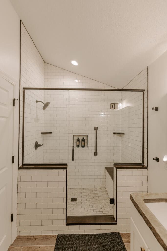 Large walk-in shower with modern finishes at Camp Digs in Northwestern Wisconsin