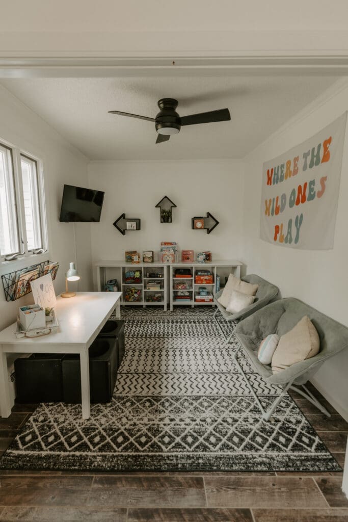 Dedicated children's playroom at Camp Digs featuring toys, games, and activities