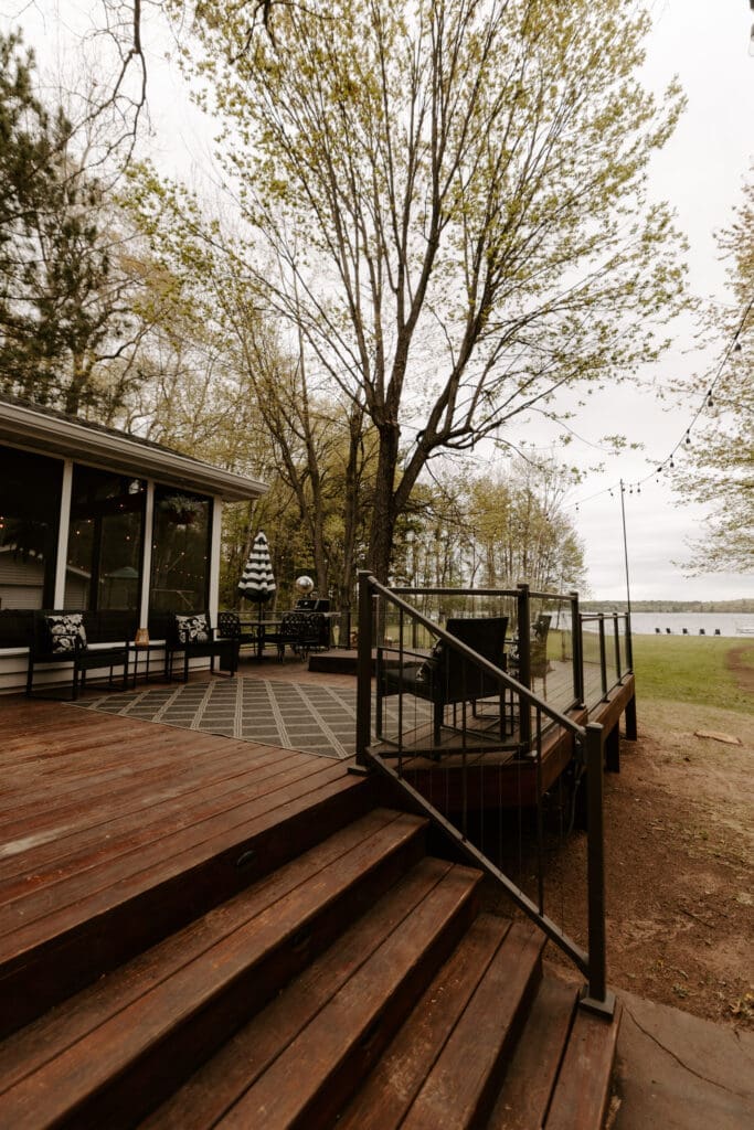 Large wraparound deck at Camp Digs overlooking the beautiful Wisconsin Northwoods
